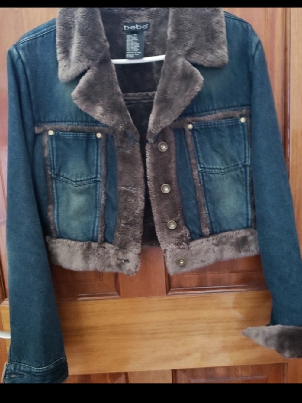 Late 90's Bebe denim jacket brown faux fur trim